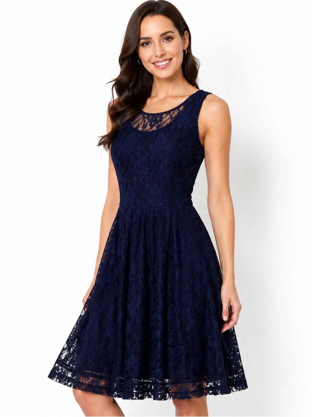 RELATIVITY Navy Blue Lace Embroidery Fit & Flare Dress | Lined Scoop Neck | M